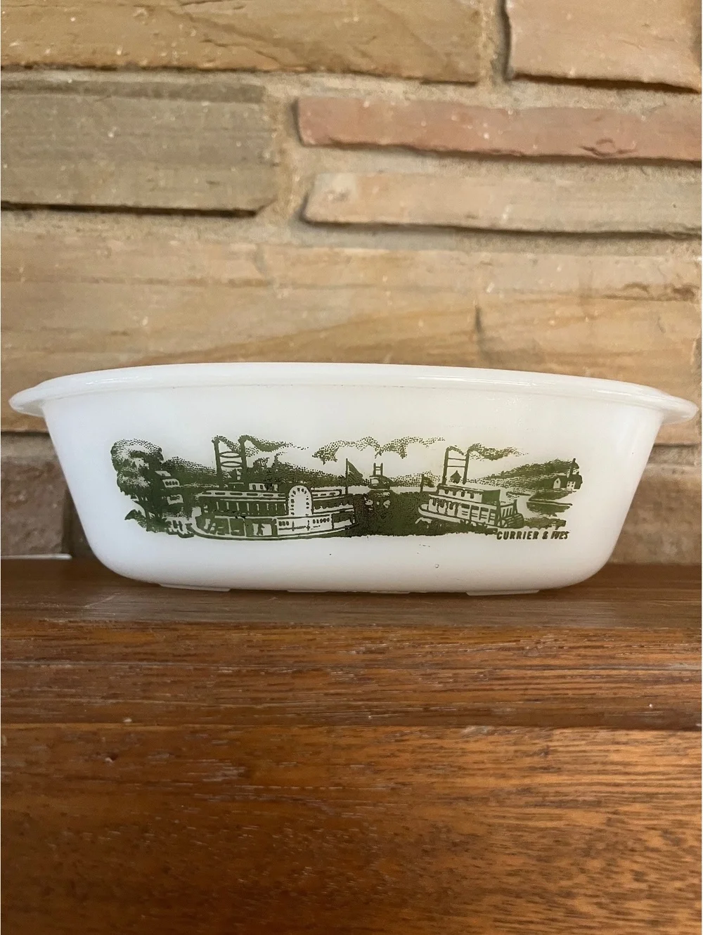 Vintage Currier & Ives Milk Glass Casserole Dish with Green Steamboat Design